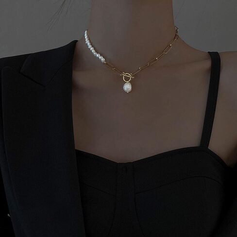 كاولاين عقد بقلادة من اللؤلؤ الباروكي على شكل مشبك ورق، سلسلة مكتنزة مطلية بالذهب عيار 18 قيراط، مجوهرات عصرية للنساء in Kuwait