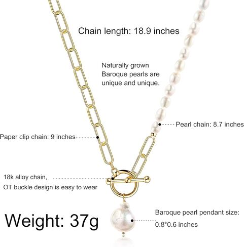 كاولاين عقد بقلادة من اللؤلؤ الباروكي على شكل مشبك ورق، سلسلة مكتنزة مطلية بالذهب عيار 18 قيراط، مجوهرات عصرية للنساء in Kuwait