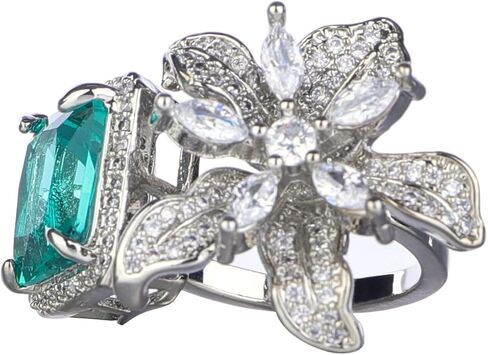 بيان Kercisbeauty الزركون الزمرد الأخضر كريستال زهرة الفضة الاسترليني تصفيح الفضة حلقة مفتوحة للعرائس الزفاف النساء الفتيات التألق الراين المجوهرات in Kuwait