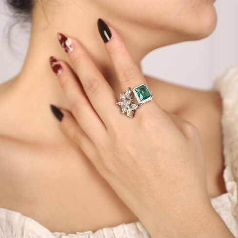 بيان Kercisbeauty الزركون الزمرد الأخضر كريستال زهرة الفضة الاسترليني تصفيح الفضة حلقة مفتوحة للعرائس الزفاف النساء الفتيات التألق الراين المجوهرات in Kuwait