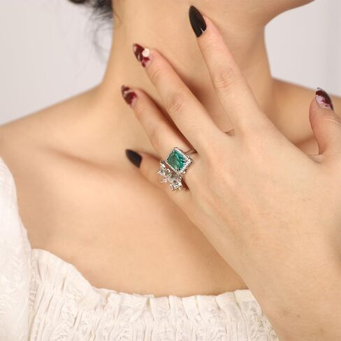 بيان Kercisbeauty الزركون الزمرد الأخضر كريستال زهرة الفضة الاسترليني تصفيح الفضة حلقة مفتوحة للعرائس الزفاف النساء الفتيات التألق الراين المجوهرات in Kuwait