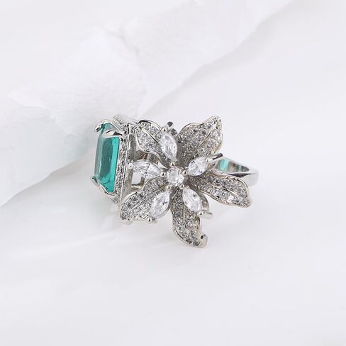 بيان Kercisbeauty الزركون الزمرد الأخضر كريستال زهرة الفضة الاسترليني تصفيح الفضة حلقة مفتوحة للعرائس الزفاف النساء الفتيات التألق الراين المجوهرات in Kuwait