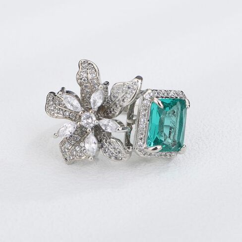 بيان Kercisbeauty الزركون الزمرد الأخضر كريستال زهرة الفضة الاسترليني تصفيح الفضة حلقة مفتوحة للعرائس الزفاف النساء الفتيات التألق الراين المجوهرات in Kuwait