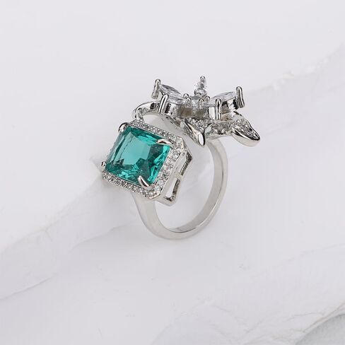 بيان Kercisbeauty الزركون الزمرد الأخضر كريستال زهرة الفضة الاسترليني تصفيح الفضة حلقة مفتوحة للعرائس الزفاف النساء الفتيات التألق الراين المجوهرات in Kuwait