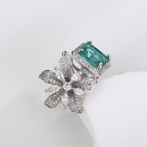 بيان Kercisbeauty الزركون الزمرد الأخضر كريستال زهرة الفضة الاسترليني تصفيح الفضة حلقة مفتوحة للعرائس الزفاف النساء الفتيات التألق الراين المجوهرات in Kuwait