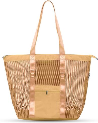 حقيبة حمل كبيرة شبكية من FIXIZY للنساء، حقيبة كتف مقاومة للماء قابلة للتعبئة مع جيوب للشاطئ والسفر والتسوق والهدايا in Kuwait