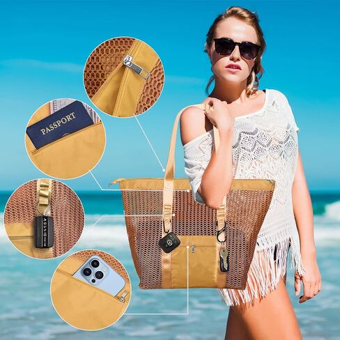 حقيبة حمل كبيرة شبكية من FIXIZY للنساء، حقيبة كتف مقاومة للماء قابلة للتعبئة مع جيوب للشاطئ والسفر والتسوق والهدايا in Kuwait