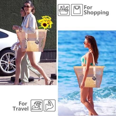 حقيبة حمل كبيرة شبكية من FIXIZY للنساء، حقيبة كتف مقاومة للماء قابلة للتعبئة مع جيوب للشاطئ والسفر والتسوق والهدايا in Kuwait