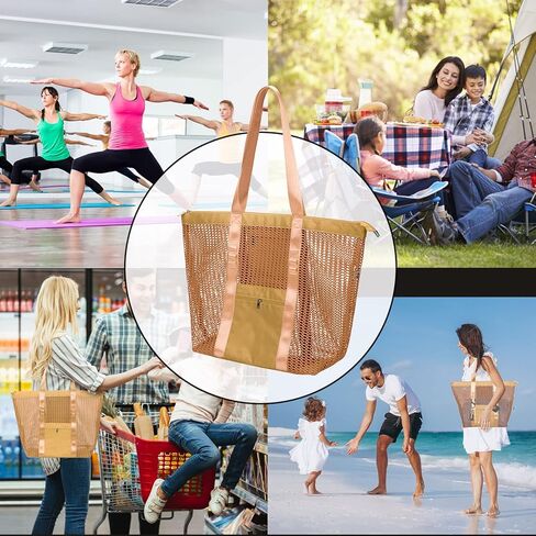 حقيبة حمل كبيرة شبكية من FIXIZY للنساء، حقيبة كتف مقاومة للماء قابلة للتعبئة مع جيوب للشاطئ والسفر والتسوق والهدايا in Kuwait