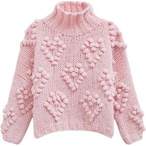 CHICWISH Womens Turtleneck Sweater Heart Pom Pom Pullover Sweaters Long Sleeve Loose Chunky Knit Sweater Tops