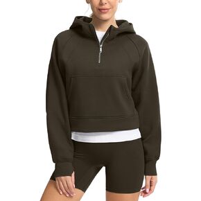 SANTINY Women's Fleece Cropped Hoodies Half Zip Lined Pullover Sweatshirt Athletic Workout Hoodie with Pockets Thumb Hole