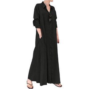 Ladyful Women's Casual Button Down Cotton Linen Long Shirt Dress in Kuwait