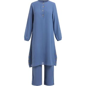 IBTOM CASTLE Muslim Clothes for Women Long Sleeve Loose Ramadan Tracksuit Islamic Clothing Blouse Wide Leg Pant Suits 2Pcs in Kuwait