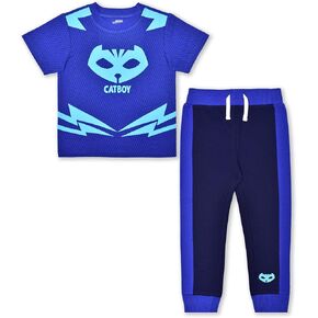 طقم تي شيرت وبنطال رياضي للأولاد من PJ Masks Catboy أو Gekko للأطفال الصغار والصغار - أزرق/كحلي أو أخضر/أسود