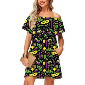 Deerose Women Mardi Gras Off The Shoulder Dresses Flounce Cute Casual Dress with Pockets