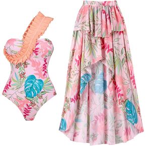 Women's One Piece Swimsuit with Cover up Wrap Skirt Floral Sarong Tummy Control Beach Bikini Set Bathing Suit in Kuwait