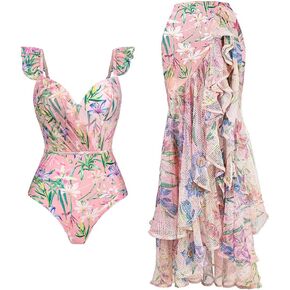 Women's One Piece Swimsuit with Cover up Wrap Skirt Floral Sarong Tummy Control Beach Bikini Set Bathing Suit