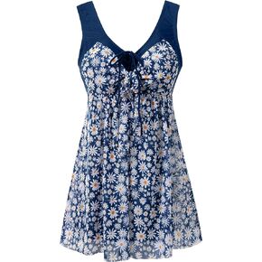 wantdo Women's Plus Size Swimdress Flower Printed Swimwear Cover Up Swimsuits with Skirt