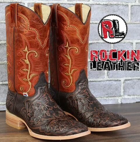 حذاء RockinLeather رجالي كلاسيكي مختوم من جلد البقر البرتقالي الريفي سهل الارتداء، مقدمة مربعة واسعة، حذاء منتصف الساق للرجال، مريح، حذاء رعاة البقر الغربي التقليدي مصنوع يدويًا - 1190 in Kuwait