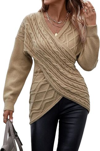 WDIRARA Women's Wrap V Neck Criss Cross Long Sleeve Asymmetrical Sweater Cable Knit Tops in Kuwait