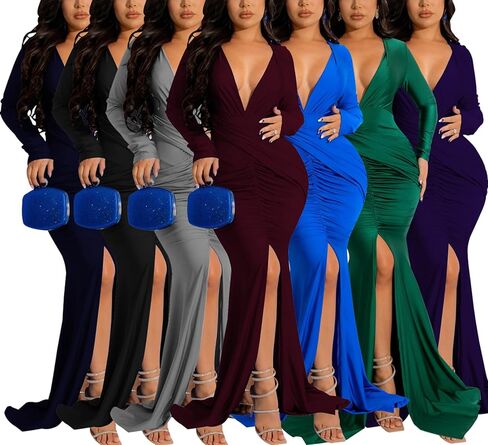 HugeNice Colorful Maxi Dresses for Women Sexy Long Sleeve Deep V Neck Bodycon Floor Length Dress in Kuwait