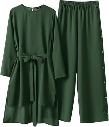 IBTOM CASTLE Muslim Clothes for Women Long Sleeve Loose Ramadan Tracksuit Islamic Clothing Blouse Wide Leg Pant Suits 2Pcs in Saudi Arabia