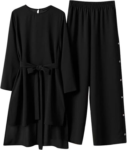 IBTOM CASTLE Muslim Clothes for Women Long Sleeve Loose Ramadan Tracksuit Islamic Clothing Blouse Wide Leg Pant Suits 2Pcs in Saudi Arabia