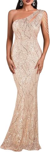 Elegant Sequin Dresses for Wedding Guest One Shoulder Dress for Women with Bead Maxi Formal Gowns in Saudi Arabia