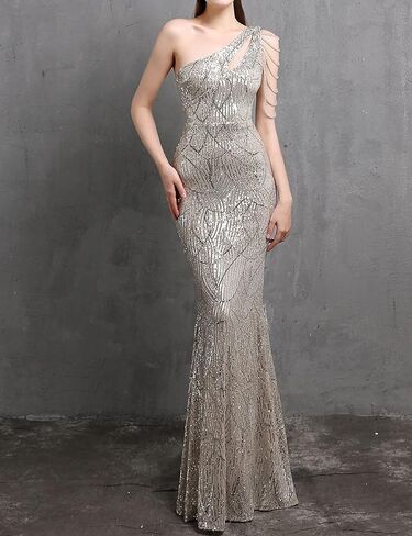 Elegant Sequin Dresses for Wedding Guest One Shoulder Dress for Women with Bead Maxi Formal Gowns in Saudi Arabia