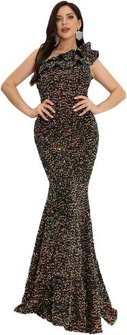 فستان Lin Lin Q نسائي رسمي طويل مزين بالترتر بكتف واحد مكشكش للحفلات الراقصة، فستان حورية البحر بدون أكمام بدون ظهر in Kuwait