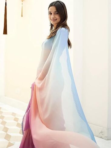 Jaanvi fashion Women's Georgette Leheriya Printed Saree With Unstitched Blouse Piece in Saudi Arabia