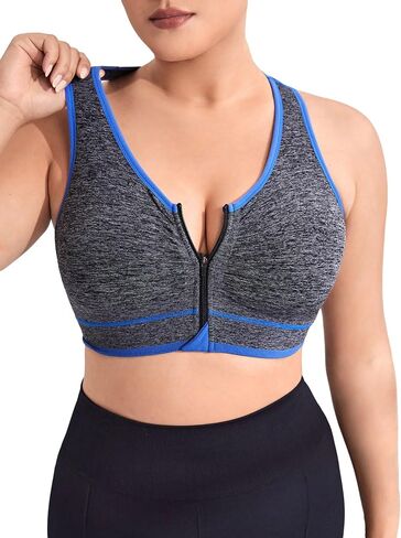 OYOANGLE Women's Plus Size Color Block Zipper Up Sports Bra Workout High Support Yoga Bra in Saudi Arabia
