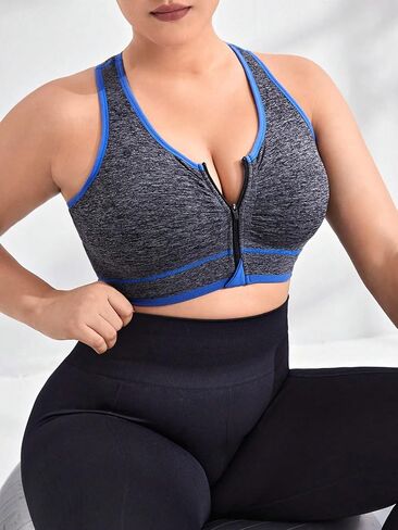 OYOANGLE Women's Plus Size Color Block Zipper Up Sports Bra Workout High Support Yoga Bra in Saudi Arabia