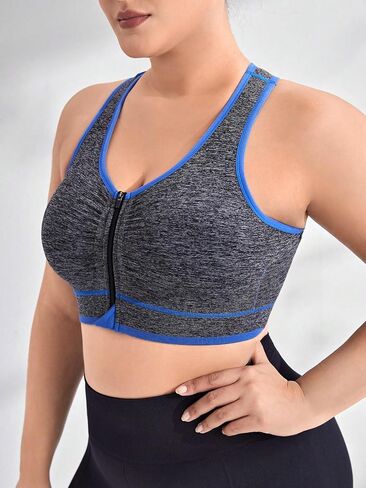 OYOANGLE Women's Plus Size Color Block Zipper Up Sports Bra Workout High Support Yoga Bra in Saudi Arabia