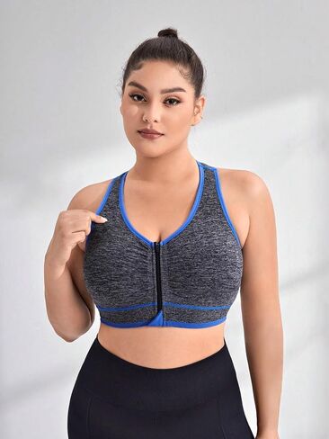 OYOANGLE Women's Plus Size Color Block Zipper Up Sports Bra Workout High Support Yoga Bra in Saudi Arabia