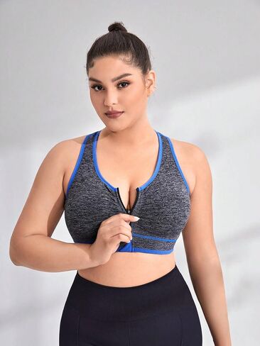 OYOANGLE Women's Plus Size Color Block Zipper Up Sports Bra Workout High Support Yoga Bra in Saudi Arabia