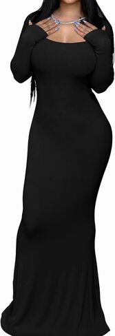 GUBERRY Women's Long Sleeve Square Neck Bodycon Maxi Long Dress Sexy Evening Party Dress in Kuwait