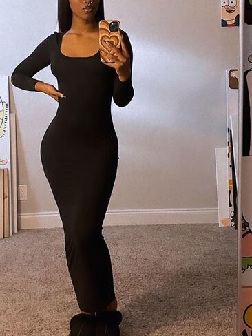 GUBERRY Women's Long Sleeve Square Neck Bodycon Maxi Long Dress Sexy Evening Party Dress in Kuwait