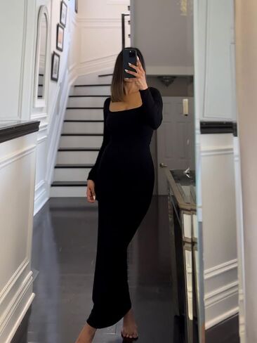 GUBERRY Women's Long Sleeve Square Neck Bodycon Maxi Long Dress Sexy Evening Party Dress in Kuwait