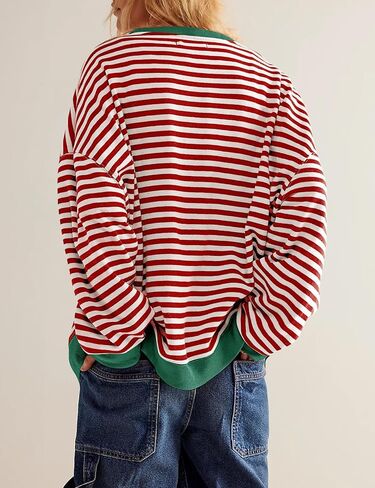 FACDIBY المرأة البلوز المتضخم بلوزات مخططة كتلة اللون البلوز مريح صالح طاقم الرقبة كم طويل قمم in Kuwait