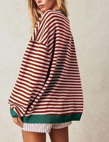 FACDIBY المرأة البلوز المتضخم بلوزات مخططة كتلة اللون البلوز مريح صالح طاقم الرقبة كم طويل قمم in Kuwait