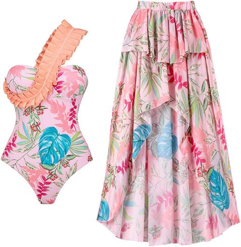 Women's One Piece Swimsuit with Cover up Wrap Skirt Floral Sarong Tummy Control Beach Bikini Set Bathing Suit in Kuwait