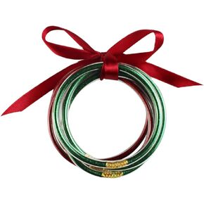 Caiyao Lightweight Colorful Glitter Jelly Beads Filled Bangles Stackable Silicone Bracelets with Bowknot Set Cute Lovely Sparkling Jewelry for Women Girls