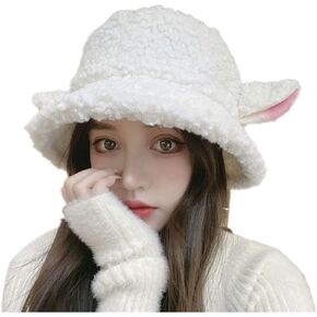 Women Girls Cute Sheep Ear Plush Bucket Hat Lambswool Warm Faux Fur Fisherman Hat Funny Animal Winter Hat