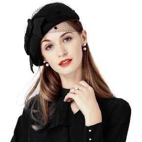 F FADVES Wool Felt Beret Veil Vintage Pillbox Hats Wedding Party Church Fascinator Hats