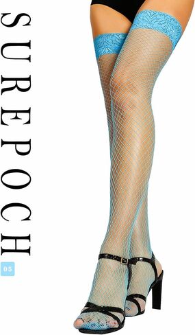 جوارب عالية الفخذ من شبكة صيد السمك للنساء من SUREPOCH، 20 لونًا من الدانتيل مع السيليكون، أزرق فاتح in Kuwait