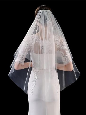 JWICOS 2 Tiers Bride Wedding Veil Ivory Fingertip Bridal Tulle Veil with Comb and Cut Edge (Ivory) in Saudi Arabia