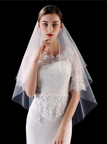 JWICOS 2 Tiers Bride Wedding Veil Ivory Fingertip Bridal Tulle Veil with Comb and Cut Edge (Ivory) in Saudi Arabia