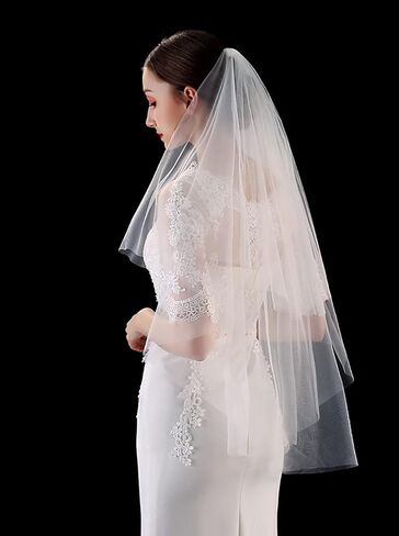 JWICOS 2 Tiers Bride Wedding Veil Ivory Fingertip Bridal Tulle Veil with Comb and Cut Edge (Ivory) in Saudi Arabia