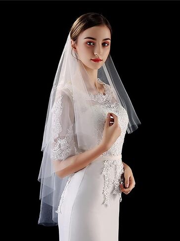 JWICOS 2 Tiers Bride Wedding Veil Ivory Fingertip Bridal Tulle Veil with Comb and Cut Edge (Ivory) in Saudi Arabia